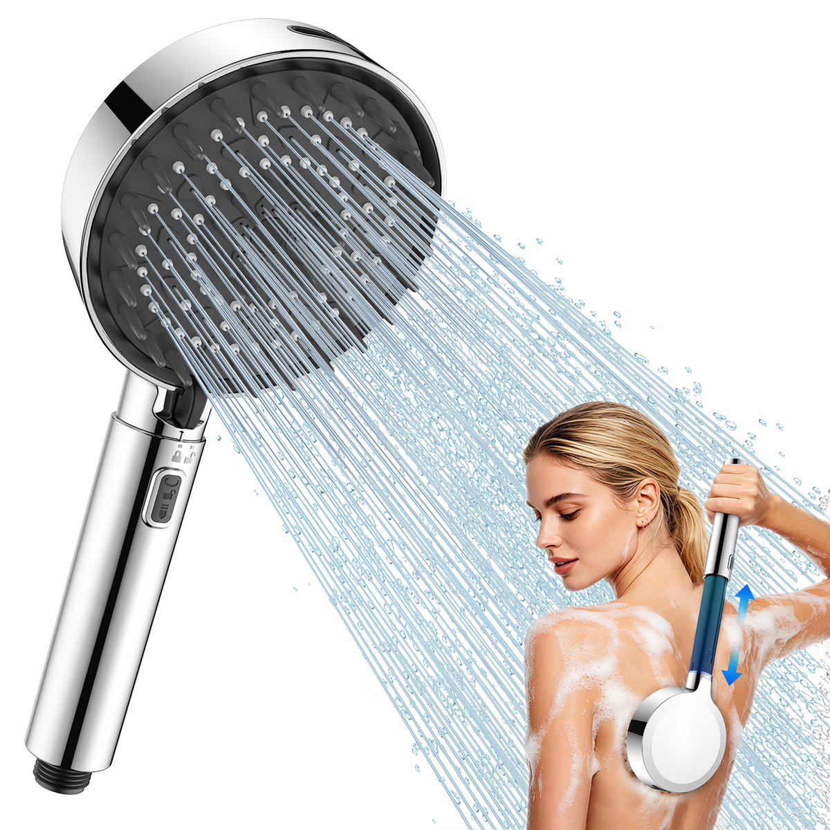 FEELSO High Pressure Shower Head with Adjustable Handle Length, 5+1 Modes | Power handheld Shower Head with 1.8m hose,Massage Brush,Water-Saving,Anti-Clog,4.53in Panel, for Adults Kid Pet Elder,Silver