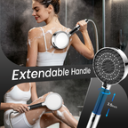 FEELSO High Pressure Shower Head with Adjustable Handle Length, 5+1 Modes | Power handheld Shower Head with 1.8m hose,Massage Brush,Water-Saving,Anti-Clog,4.53in Panel, for Adults Kid Pet Elder,Silver