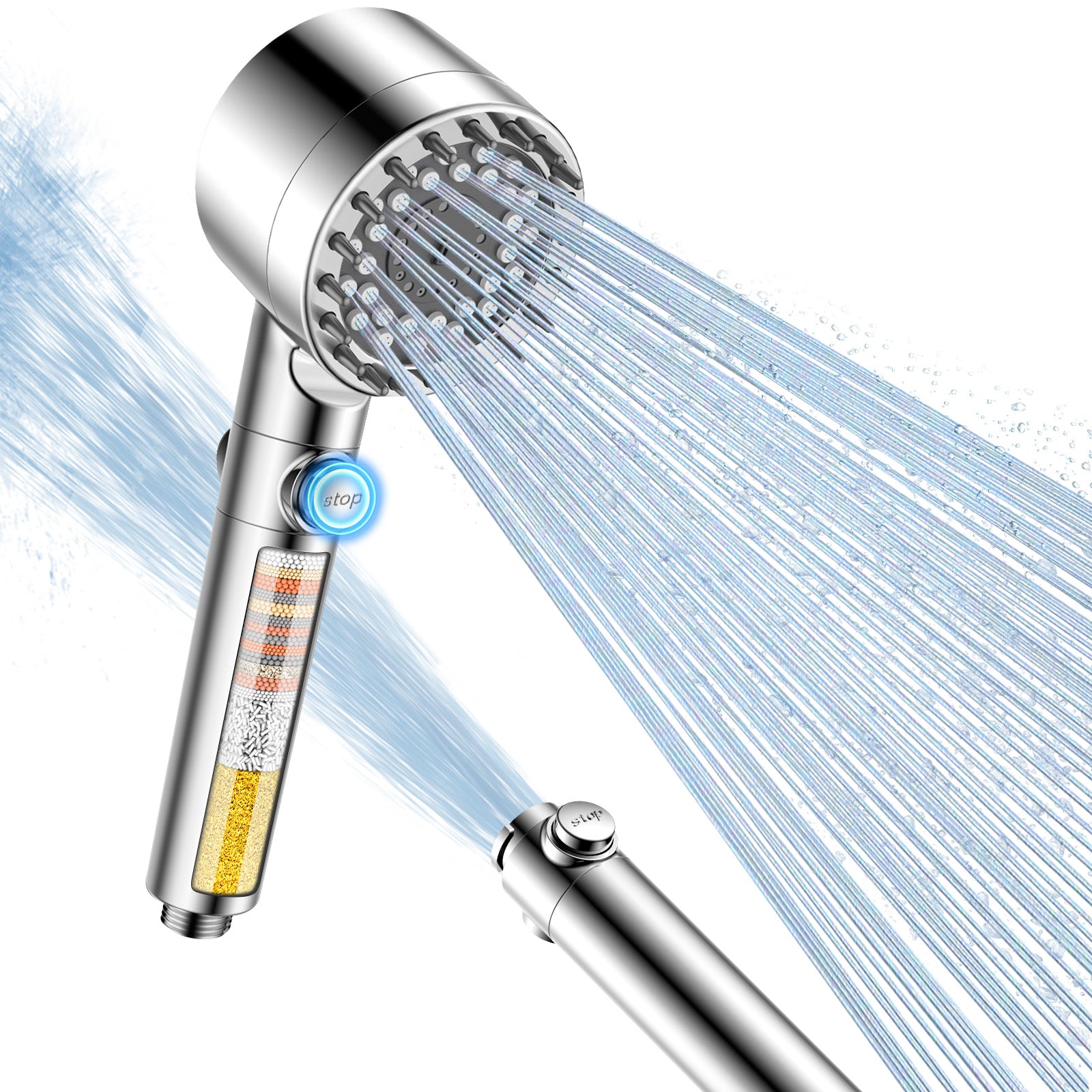 FEELSO Shower Head Filter with 15 Stage Filter & 3+1 Spray Modes High Pressure Shower Heads for Hard Water, Handheld Massage Shower Filter for Remove Chlorine, Reduce Dry Itchy Skin, Silver