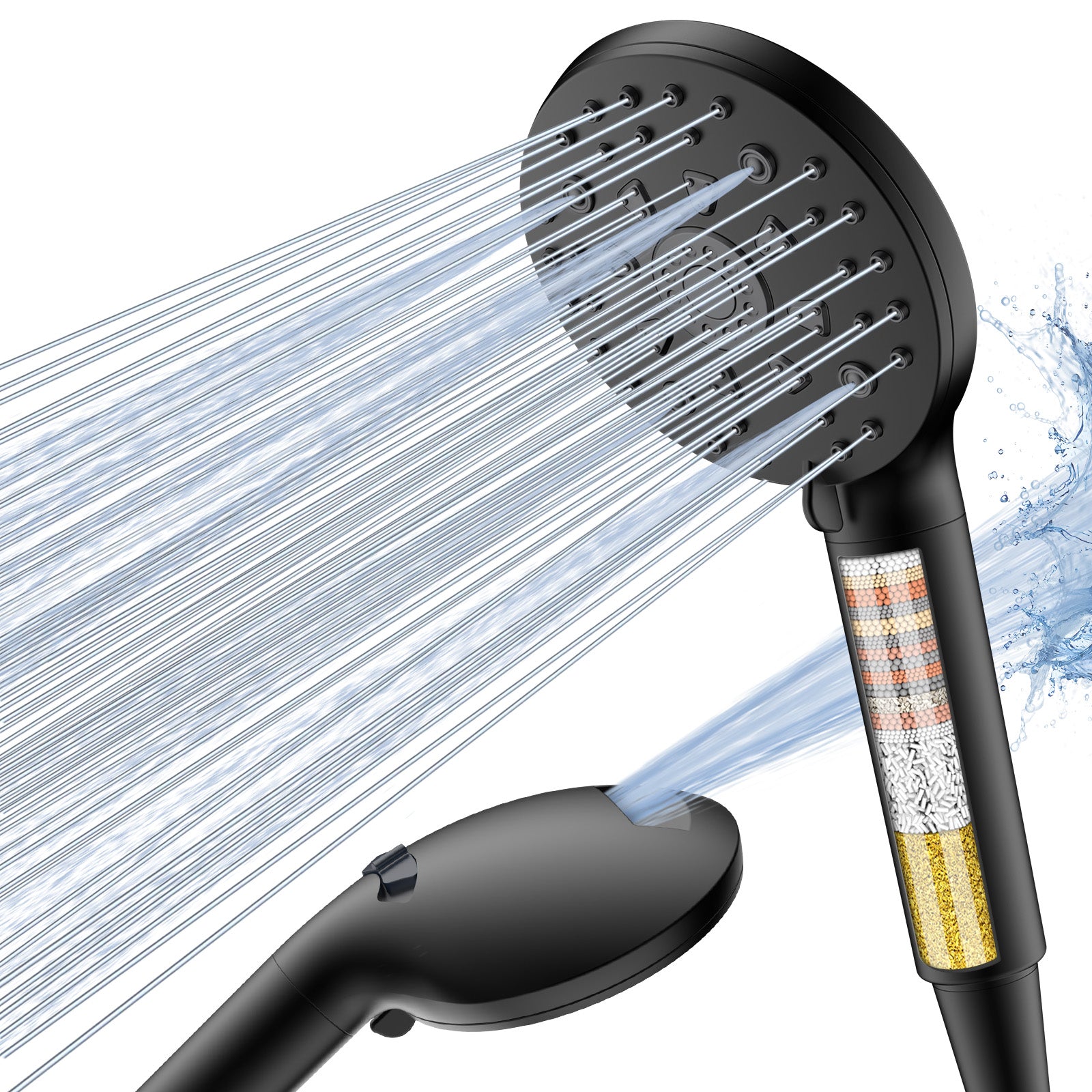 Digiroot Hard Water Filter Shower Head with 15 Stage Filter, 7 Spray Modes High Pressure Shower Head and 1.5M Hose, Universal Handheld Filtered Shower Heads for Remove Residual Chlorine - Black