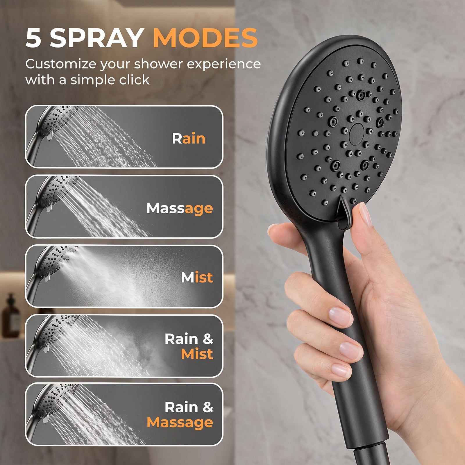 FEELSO High Pressure Shower Head, 5 Spray Modes with Anti-Clog Nozzles, Turbocharged Design, Power Boost Handheld Shower & 1.5m Shower Hose, Wide Spray, Universal Fit for Low Water Pressure, Black