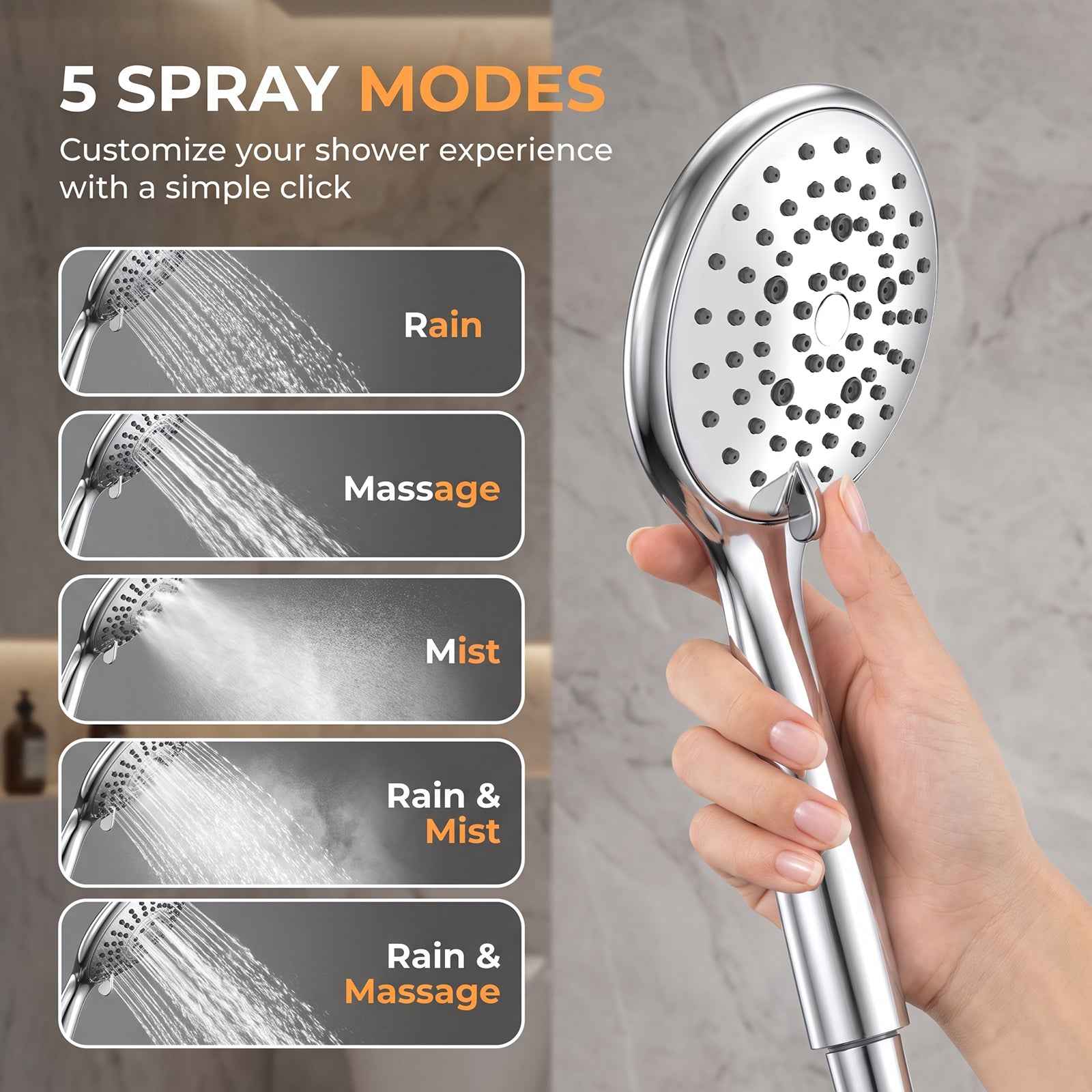 FEELSO High Pressure Shower Head, 5 Spray Modes with Anti-Clog Nozzles, Turbocharged Design, Power Boost Handheld Shower & 1.5m Shower Hose, Wide Spray, Universal Fit for Low Water Pressure, Chrome