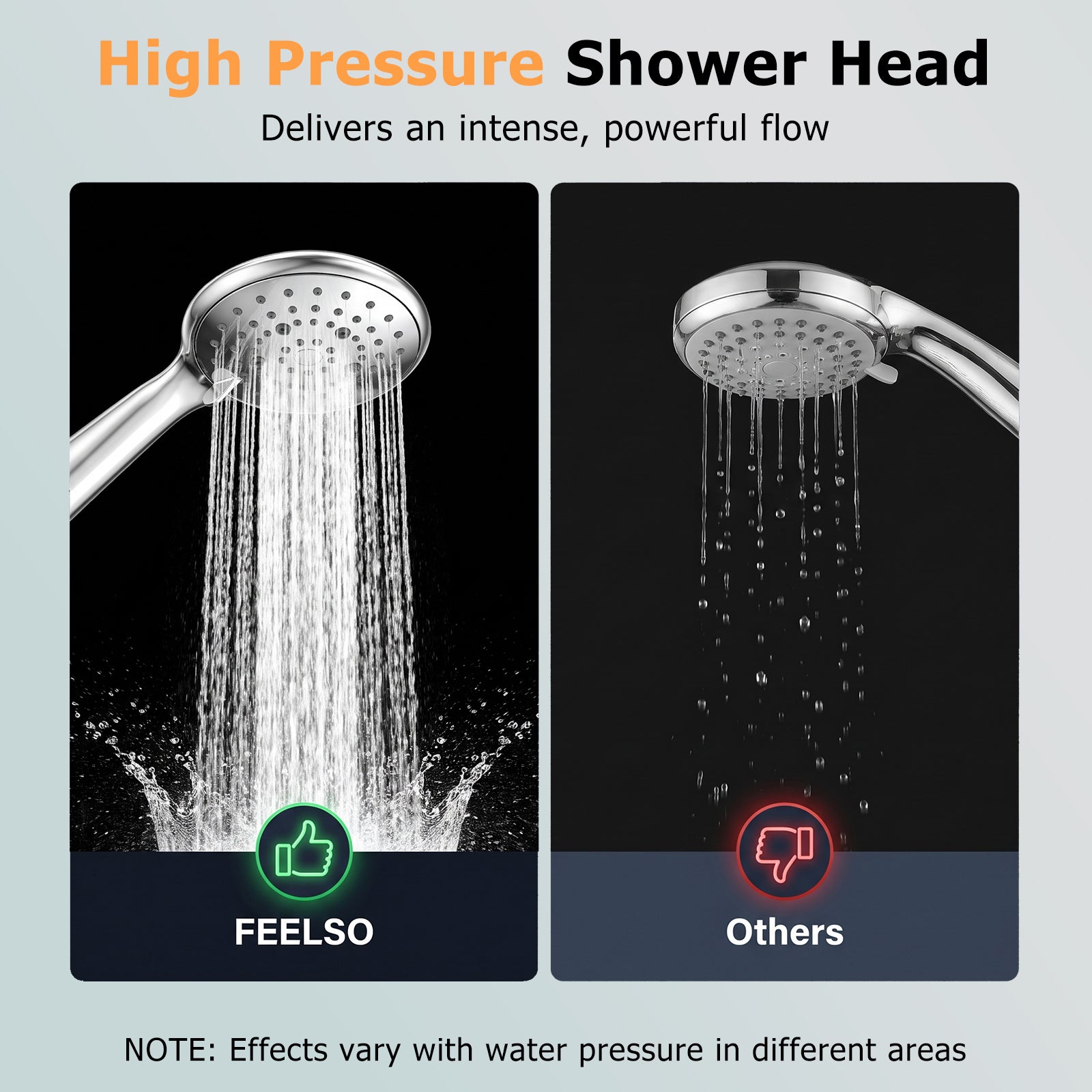 FEELSO High Pressure Shower Head, 5 Spray Modes with Anti-Clog Nozzles, Powerful Boosting Handheld Showerhead, Universal Fit for Low Water Pressure, Chrome