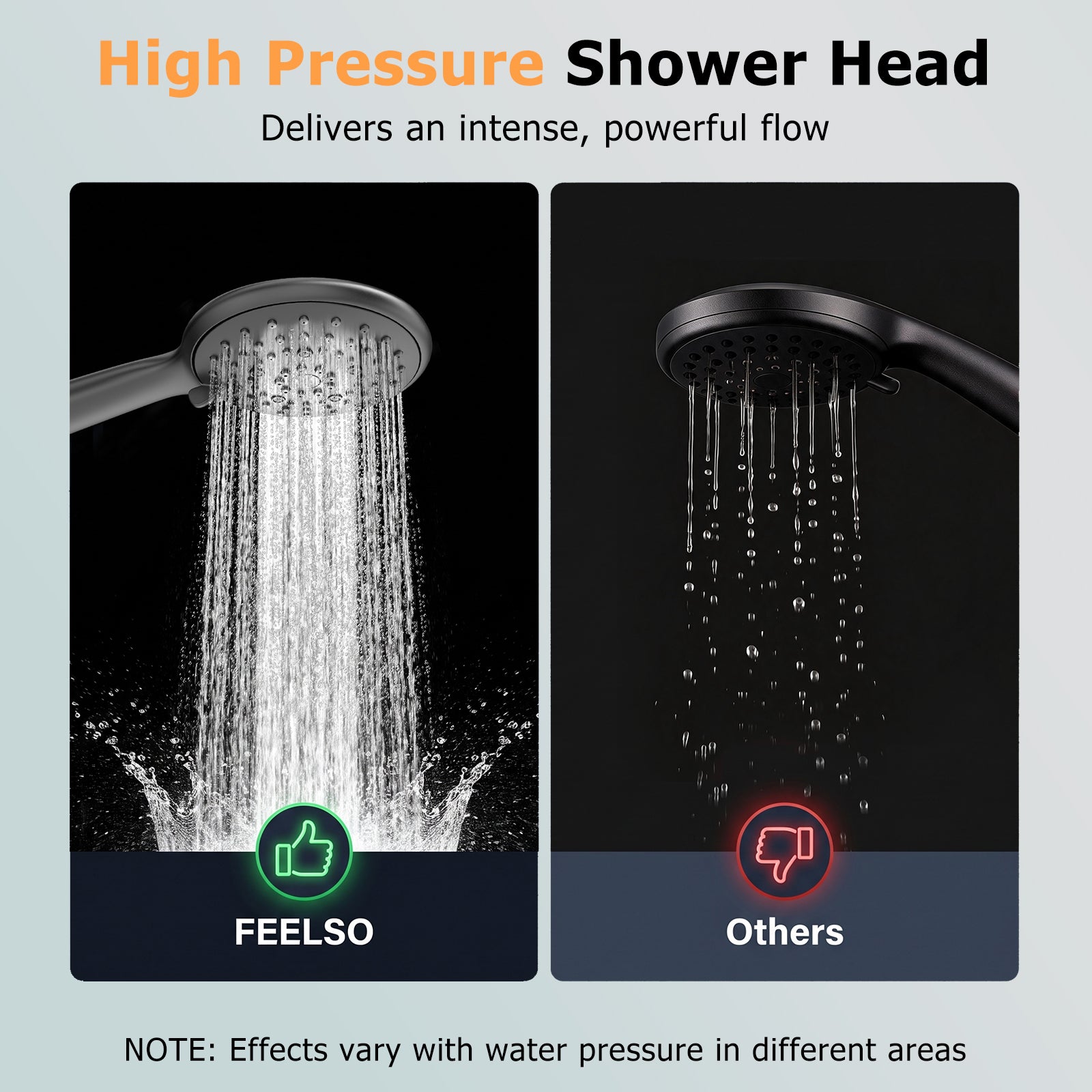 FEELSO High Pressure Shower Head, 5 Spray Modes with Anti-Clog Nozzles, Turbocharged Design, Power Boost Handheld Shower & 1.5m Shower Hose, Wide Spray, Universal Fit for Low Water Pressure, Black