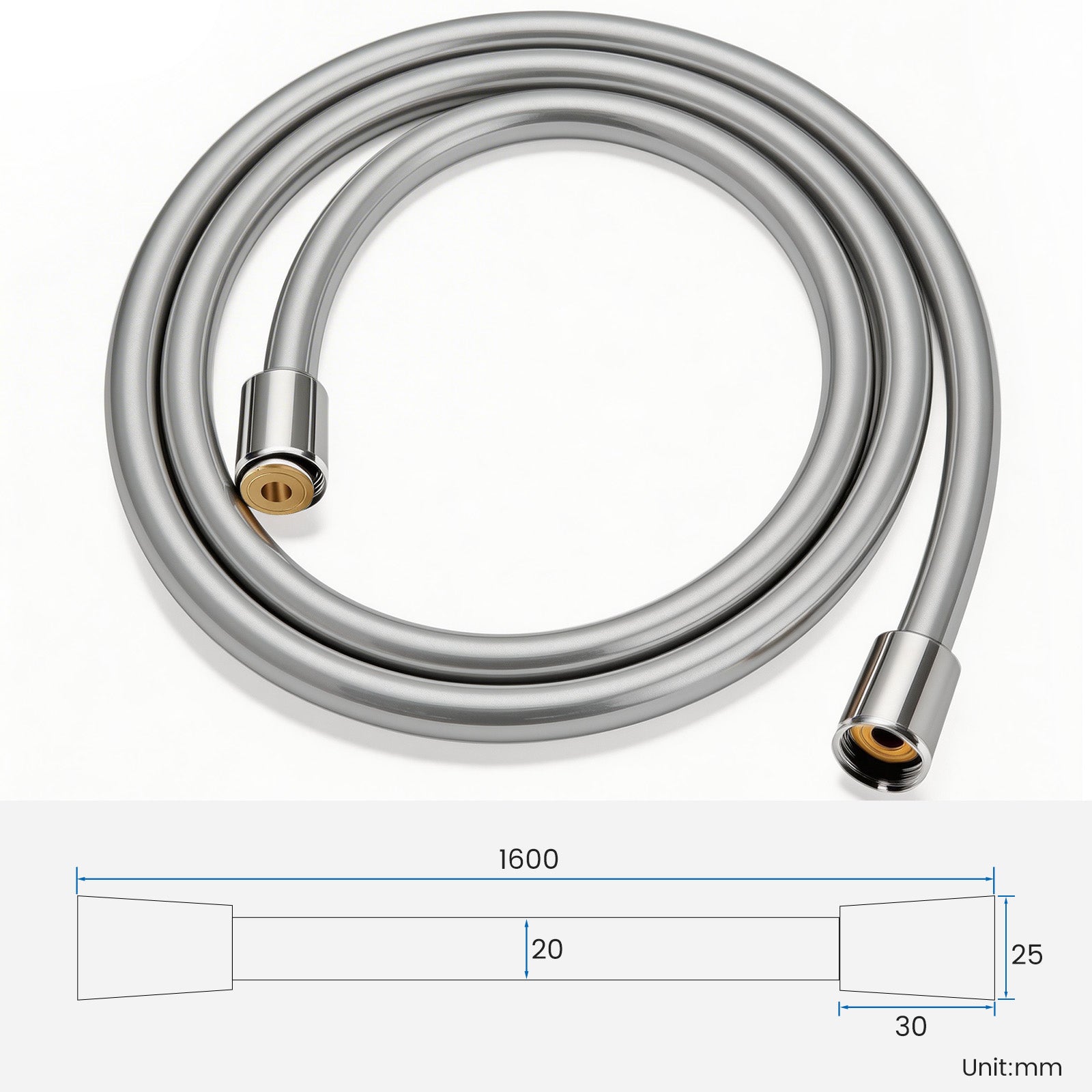 FEELSO Shower Hose 1.6m, PVC Smooth Shower Pipe, Leakproof Universal Standard G1/2 Long Shower Hose for Anti-Explosion & Anti-Kink & High Pressure Resistant, Replacement Shower Pipe (Silver)