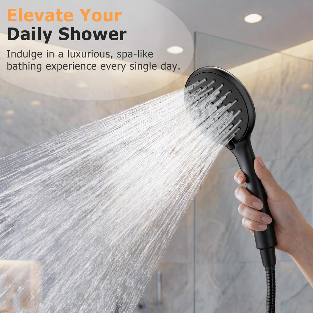 FEELSO High Pressure Shower Head, 5 Spray Modes with Anti-Clog Nozzles, Turbocharged Design, Power Boost Handheld Shower & 1.5m Shower Hose, Wide Spray, Universal Fit for Low Water Pressure, Black