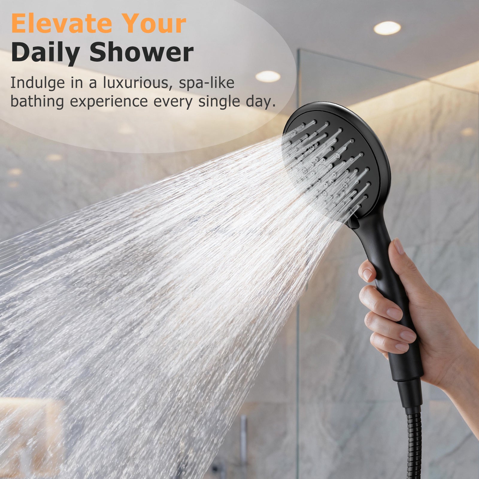 FEELSO High Pressure Shower Head, 5 Spray Modes with Anti-Clog Nozzles, Turbocharged Design, Power Boost Handheld Shower & 1.5m Shower Hose, Wide Spray, Universal Fit for Low Water Pressure, Black