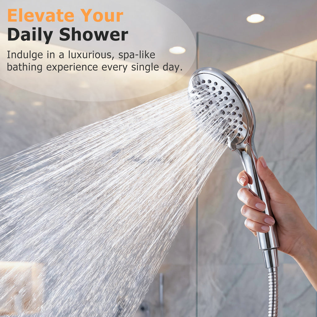 FEELSO High Pressure Shower Head, 5 Spray Modes with Anti-Clog Nozzles, Turbocharged Design, Power Boost Handheld Shower & 1.5m Shower Hose, Wide Spray, Universal Fit for Low Water Pressure, Chrome
