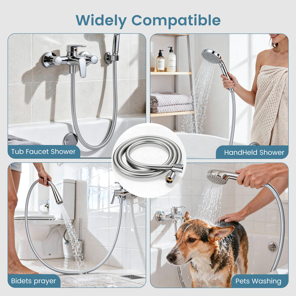 FEELSO Shower Hose 1.6m, PVC Smooth Shower Pipe, Leakproof Universal Standard G1/2 Long Shower Hose for Anti-Explosion & Anti-Kink & High Pressure Resistant, Replacement Shower Pipe (Silver)