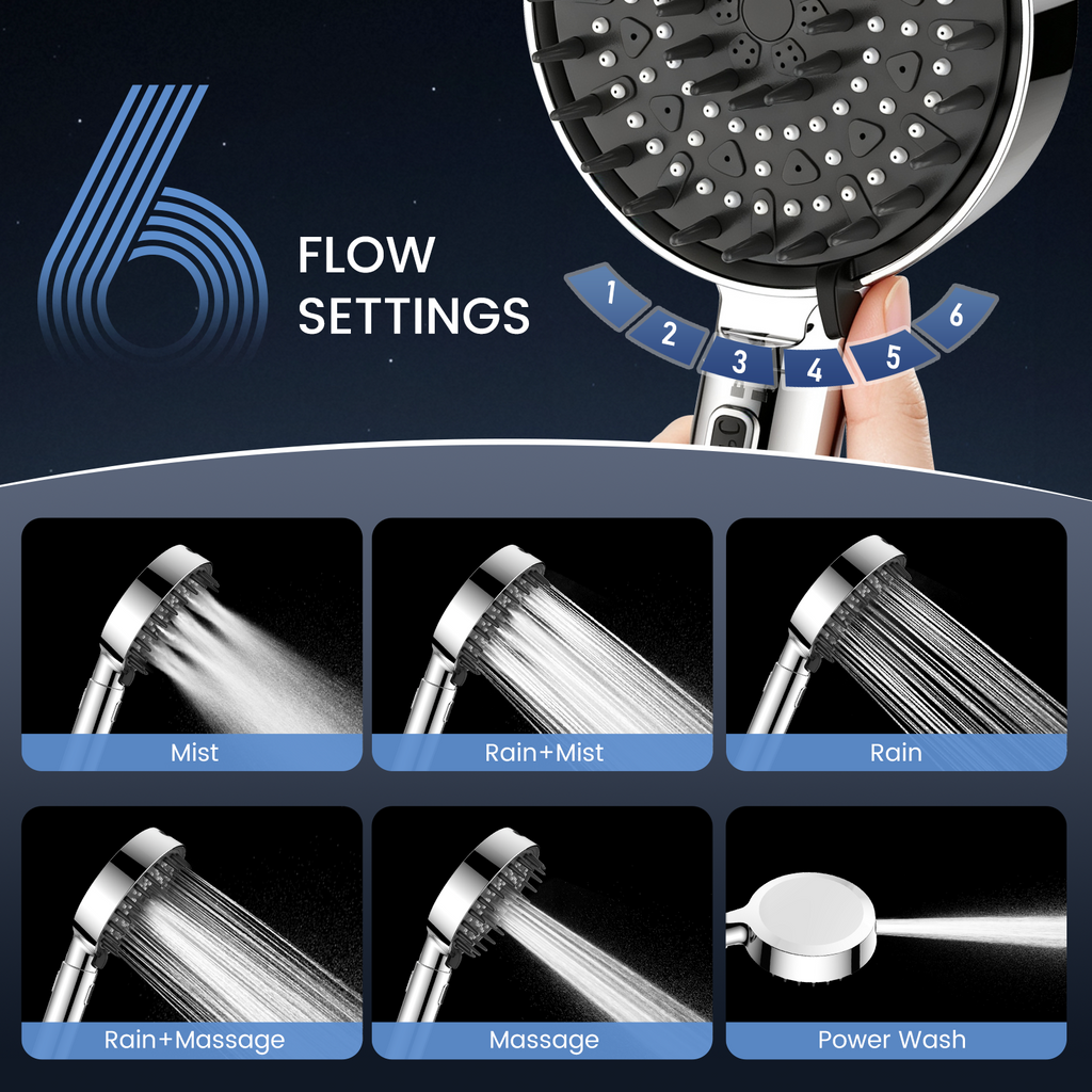 FEELSO High Pressure Shower Head with Adjustable Handle Length, 5+1 Modes | Power handheld Shower Head with 1.8m hose,Massage Brush,Water-Saving,Anti-Clog,4.53in Panel, for Adults Kid Pet Elder,Silver