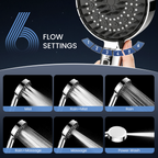 FEELSO High Pressure Shower Head with Adjustable Handle Length, 5+1 Modes | Power handheld Shower Head with 1.8m hose,Massage Brush,Water-Saving,Anti-Clog,4.53in Panel, for Adults Kid Pet Elder,Silver