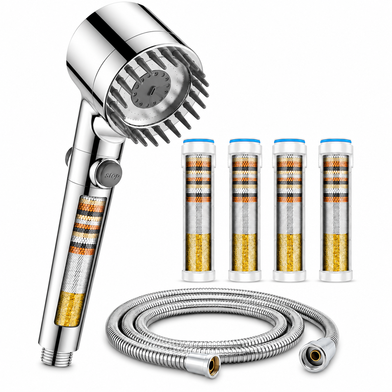 FEELSO Hard Water Filter Shower Head with 15 Stage Filter, 3+1 Spray Jet Modes High Pressure Shower Head and 1.8m Hose, Handheld Massage Shower Filter for Residual Chlorine Remove