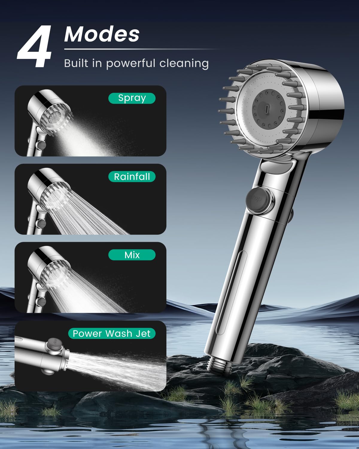 FEELSO Hard Water Filter Shower Head with 15 Stage Filter, 3+1 Spray Jet Modes High Pressure Shower Head and 1.8m Hose, Handheld Massage Shower Filter for Residual Chlorine Remove