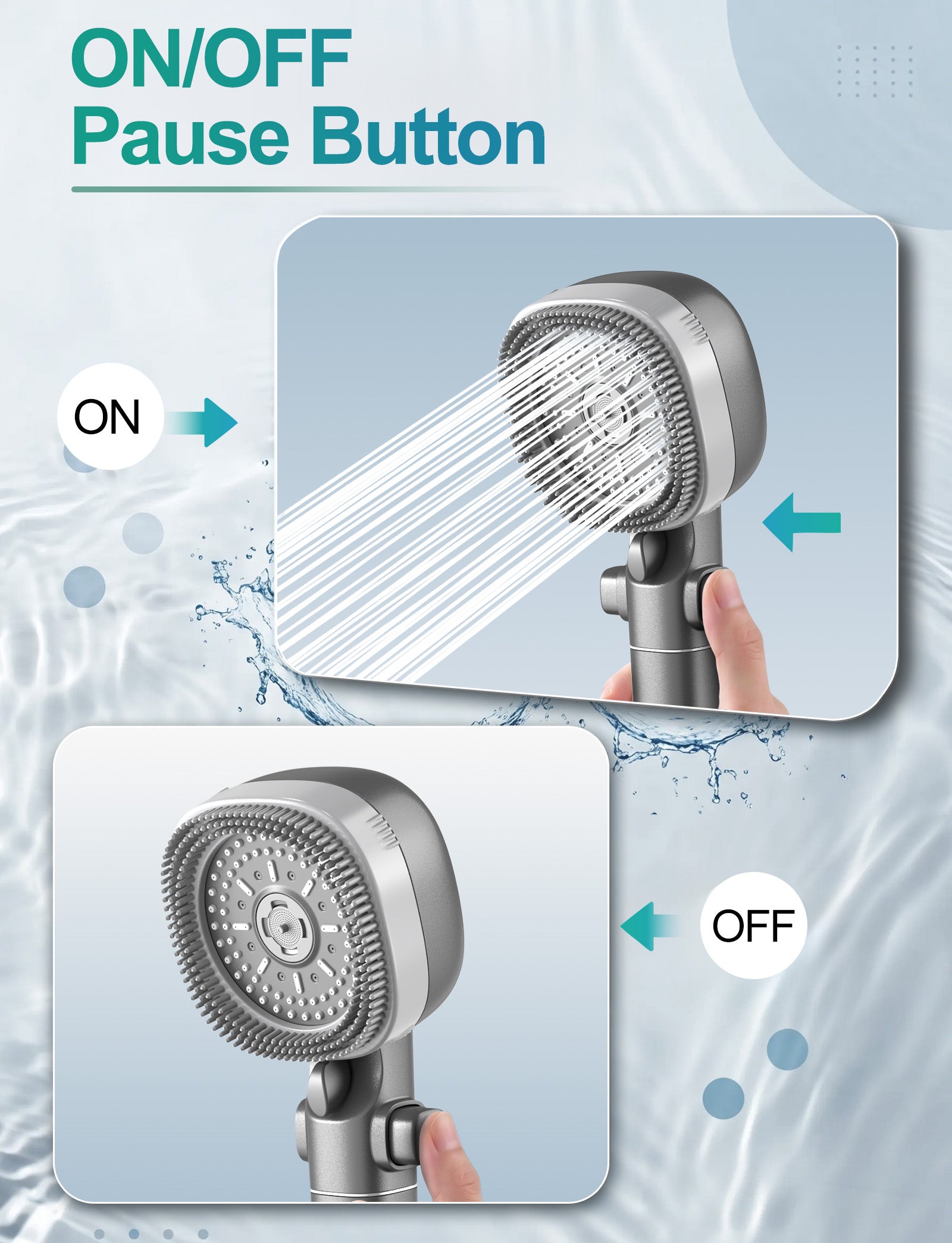 Feelso Hard Water Filter Shower Head Square, 4 Spray Modes with Filter, Grey, Water Saving High Pressure Handheld Shower Head for UK Low Pressure, Massage Brush, for Removes 99% Residual Chlorine